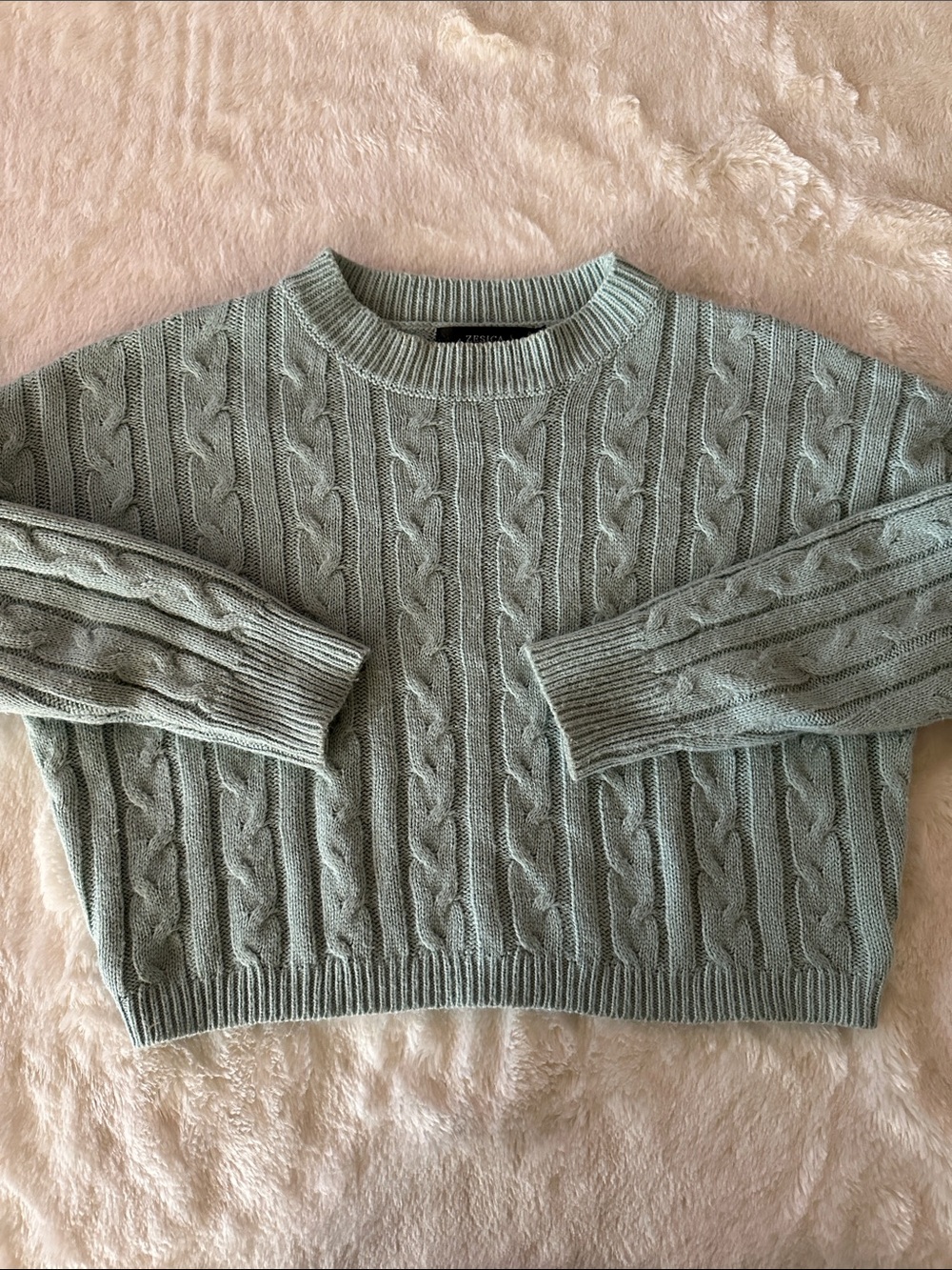 Cropped Cable-Knit Crewneck Sweater in Sage